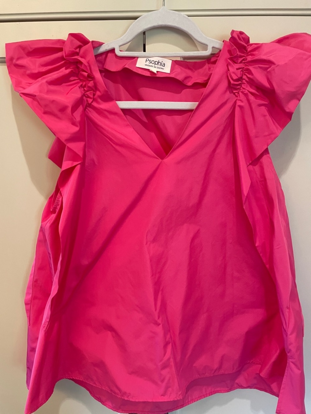 Psophia Pink Ruffle Cap Sleeve V-Neck Blouse, Size L